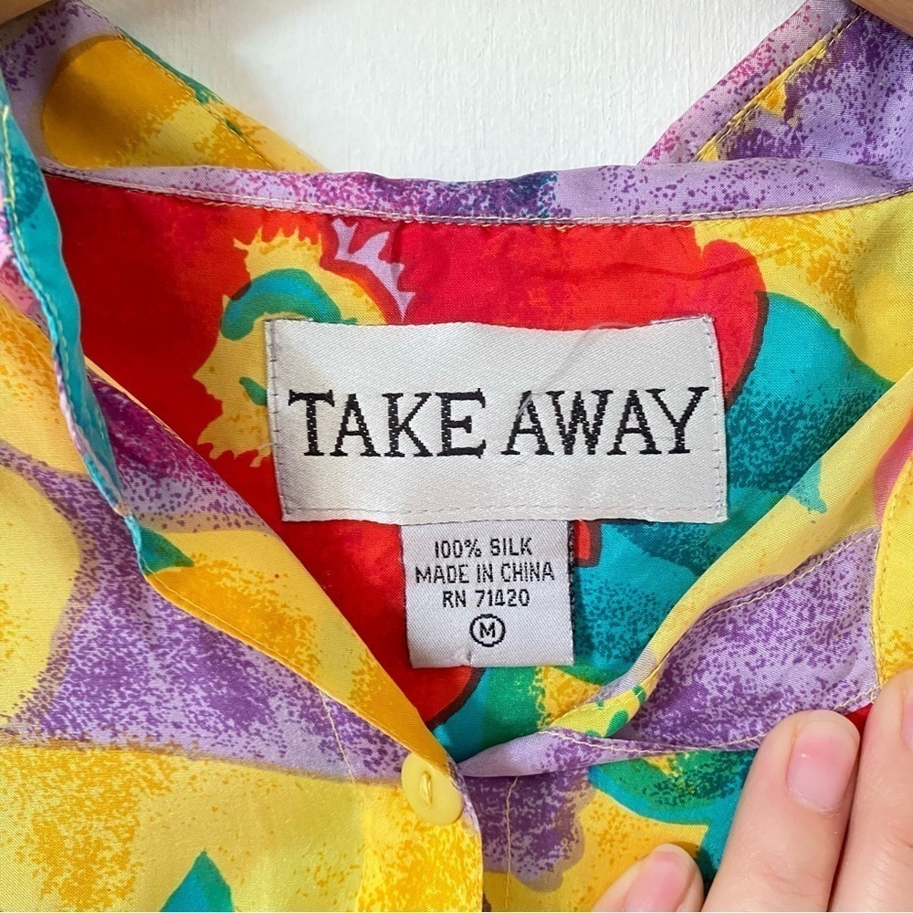Vintage Silk Hawaiian Shirt Bold Colorful Floral 80s Pop Art‎ Take Away Medium - Picture 7 of 8